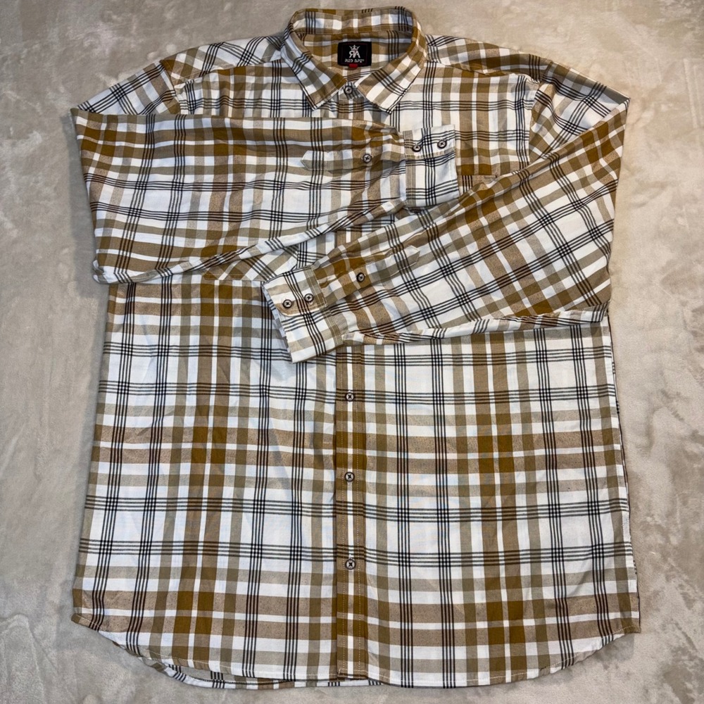 Red Ape Mens 3XL Plaid Button Down Shirt Long Sleeve Brown White Black Cotton